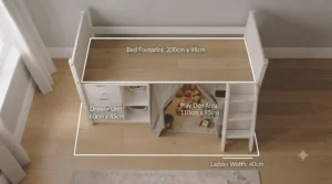 Diagram displaying the floor footprint of a cabin bed to help with planning your child's bedroom furniture layout.