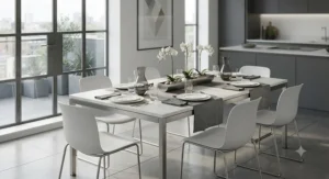 Minimalist white rectangular dining table and chairs set designed for a modern open-plan living space.