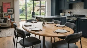 A minimalist design oval dining table paired with velvet dining chairs.
