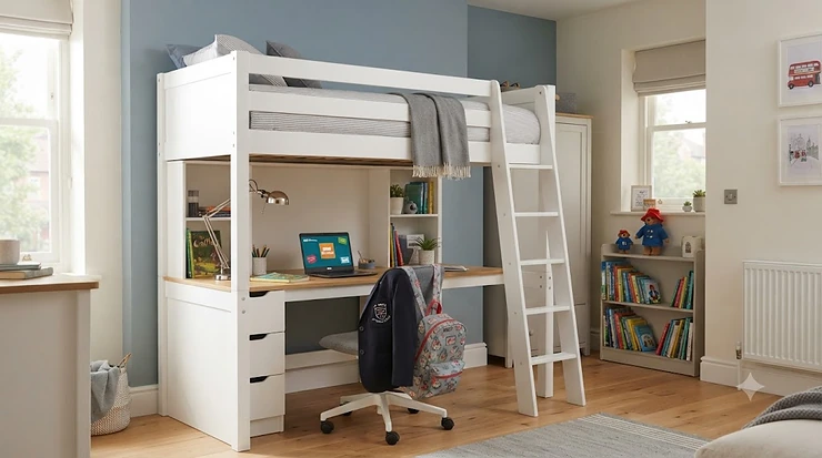 A stylish, space-saving white cabin bed with a built-in desk and shelving in a bright, modern child's bedroom. cabin bed with desk