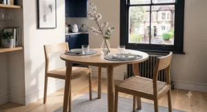 A contemporary glass-top dining table for two creating an airy feel in a bright, narrow space.