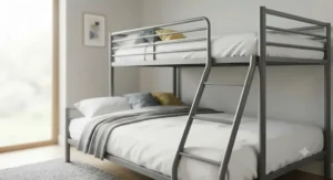 A sleek, minimalist grey metal bunk bed suitable for a contemporary bedroom.