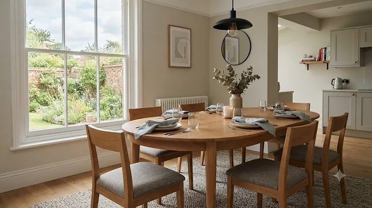 A stylish, contemporary oval dining table positioned in a sunlit British dining room, perfect for hosting family dinners. oval dining table