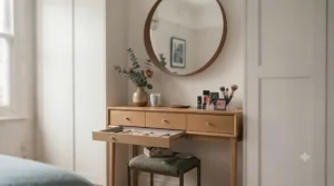 Modern small dressing table desk styled to fit perfectly in a narrow bedroom alcove.