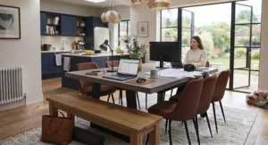 A large dining table for 8 being used as a spacious multi-functional workspace in a family home.
