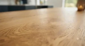 Close-up view of the natural wood grain on a rustic oak large dining table for 8.