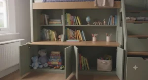 Neutral-toned bunk bed with integrated storage drawers, suitable for any child's bedroom interior.