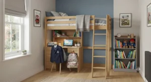 A minimalist oak-finish cabin bed with desk, perfect for a contemporary nursery or bedroom.