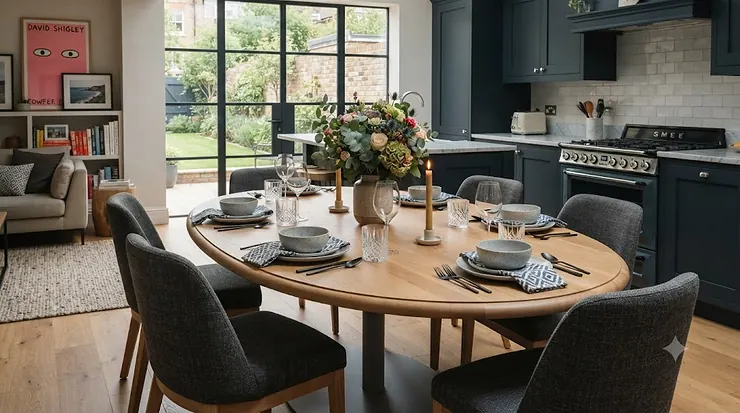 A stylish oak oval dining table set for dinner in a contemporary British living room. fixed dining table