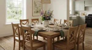 A solid oak rectangular dining table and chairs with a traditional farmhouse design.