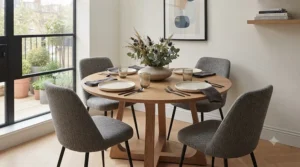 Solid oak round dining table with four matching upholstered chairs.