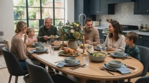 A family gathering around a large oval dining table in an open-plan kitchen area.