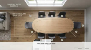 A guide illustrating comfortable seating arrangements for an eight-seater oval dining table.