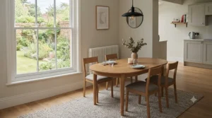 An elegant oval dining table providing a functional, space-saving layout in a contemporary dining area.