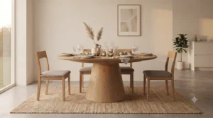 A modern oval dining table featuring a statement central pedestal base, offering generous legroom for guests.