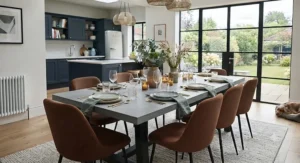Floor plan layout showing ideal clearance space around a large dining table for 8 in a British home.