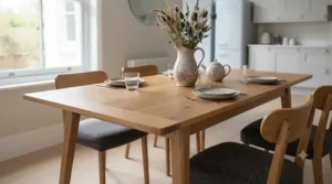 Circular wooden dining table and 4 matching chairs set arranged in an open-plan living space.