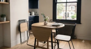 A modern round dining table for 2 paired with upholstered chairs on a patterned rug.