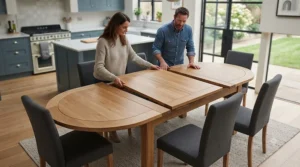 A versatile round extending dining table transitioning into an oval shape for extra seating.