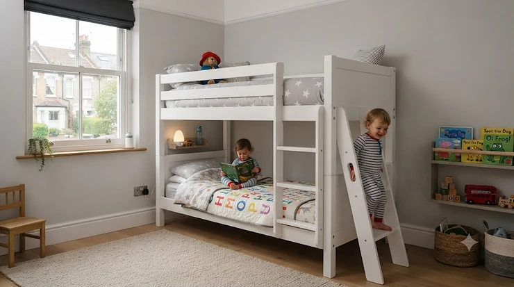 A stylish, child-safe bunk bed for toddlers in a bright, modern nursery. safe bunk beds for toddlers