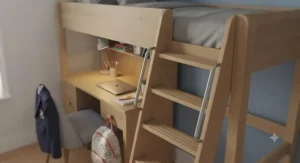 A view of the secure, wide-tread ladder on a cabin bed with desk, highlighting safety features.