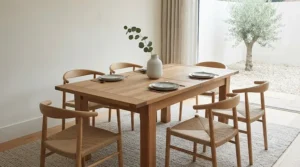 A light-toned, Scandi-inspired extending dining table styled with minimalist decor in a bright room.