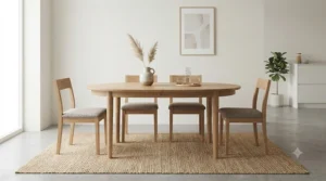 A minimalist Scandi-inspired oval dining table paired with matching timber dining chairs in a neutral-toned room.