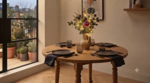 Scandi-style round dining table and chairs with light wood finish.