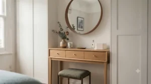 Slim-line dressing table with clever storage drawers for compact bedroom organisation.