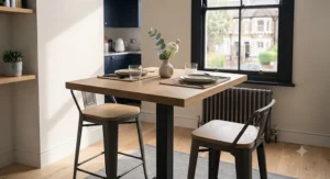 A high-top breakfast bar dining table for two featuring industrial metal bar stools.