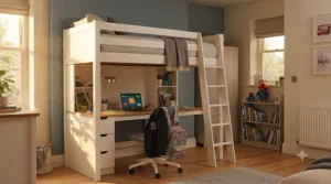 A compact cabin bed with desk designed to maximise floor space in a small bedroom.