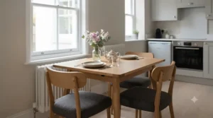 Compact dining table and 4 chairs set ideal for small UK flats and kitchens.
