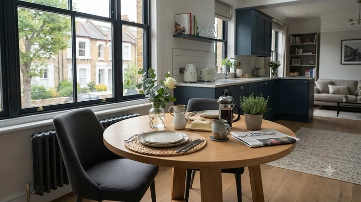 A stylish wooden dining table for 2 set up in a modern British flat, ideal for compact kitchen spaces. dining table for 2