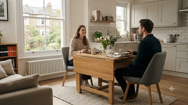 A wooden drop-leaf dining table folded down in a compact British living room, ideal for small spaces. drop leaf table small space