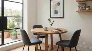 Compact round dining table and chairs perfect for small flat dining areas.