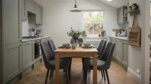 Wooden small square dining table styled in a narrow British galley kitchen diner with pendant lighting above.