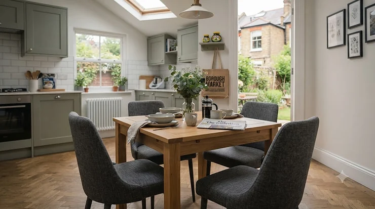 Modern light oak small square dining table styled with minimalist tableware in a compact British apartment dining room. small square dining table