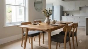 Premium solid oak dining table and 4 chairs set showing natural wood grain.