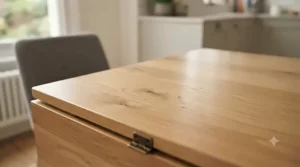 Detailed view of the natural oak wood grain on a space-saving drop-leaf table top.