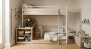 A space-saving bunk bed setup with an integrated desk and study area for a small room.