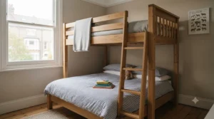 A wooden space-saving bunk bed frame perfect for compact bedrooms in UK homes.