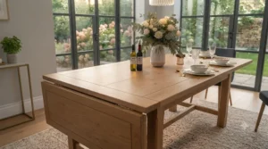 Space-saving butterfly leaf dining table tucked neatly against a neutral wall in a contemporary British townhouse.