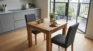 An extendable dining table perfectly fitted for a small apartment or open-plan flat kitchen area.