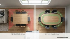 Diagram showing how an oval dining table improves foot traffic in small dining rooms.