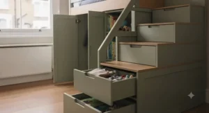 Bunk bed with a staircase design where each step functions as a storage cupboard.