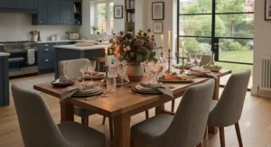 Beautifully dressed 6 seater dining table and chairs set prepared for dinner party hosting.