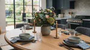 A beautiful floral centrepiece styled on a polished oak oval dining table.