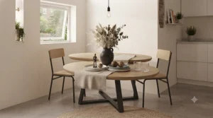 Decorative styling ideas for an oval dining table, featuring a rustic centrepiece and textured linen runner.