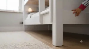 Detail view of smooth, rounded edges on a white wooden bunk bed frame for toddlers.