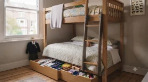 Comfortable twin-sized bunk beds ideal for siblings sharing a bedroom.